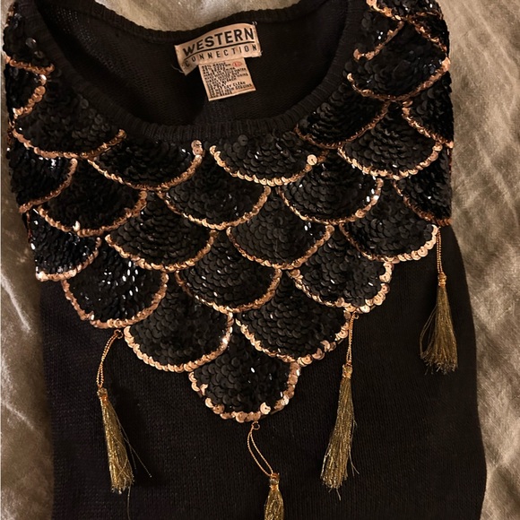 Vintage Western Connection sequined tassel black sweater size L - Picture 13 of 15